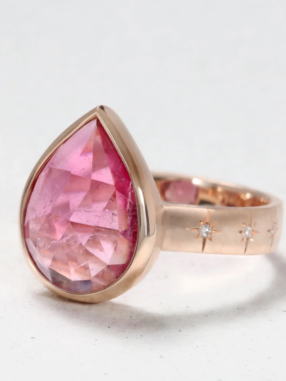 Sirciam 14k Rose Gold peartine Pink tourmaline Ring with diamond stars sz 6.5